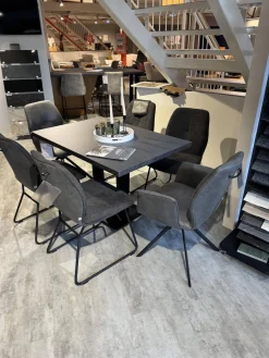 Global Stuhlsets|6er-Set Stuhl Dinner Stoff Microfaser Ledo Grau Gestell 1x Stativ Drehbar Metall Schwarz 1x Stativ Fest Metall Schwarz Und 4x Kufen Eisen Schwarz