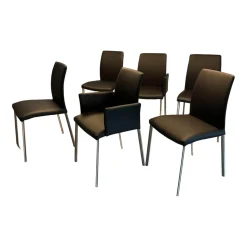 Lavida Stuhlsets|6er-Set Stuhl Oscar Leder Nature Smog Toledo Nero Schwarz Ovalruhr Fuß Edelstahl Matt