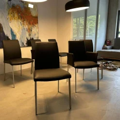 Lavida Stuhlsets|6er-Set Stuhl Oscar Leder Nature Smog Toledo Nero Schwarz Ovalruhr Fuß Edelstahl Matt