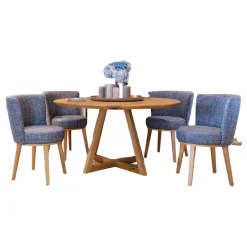 Bielefelder Werkstätten Essgruppen|4er-Set Stuhl Polo Cocktail Stoff Taylor 1771-151 Blau Gestell Eiche Massiv