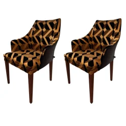 Bielefelder Werkstätten Stuhlsets|2er-Set Stuhl Saloni Stoff Jim Thompson Syncopation Topaz Schwarz Gold Rücken Leder Provonce Schwarz Fuß Nussbaum Geölt