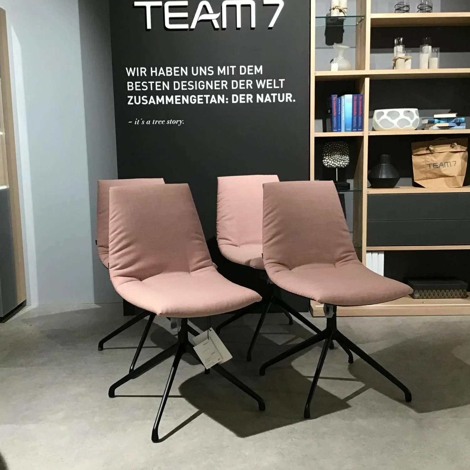 Team 7 Stuhlsets|6er-Stuhlset Lui Außen Leder Anthrazit Innen Stoff Canvas Rose