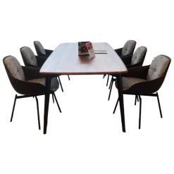 Rolf Benz Essgruppen|Essgruppe 900 600 Tischplatte Amerikanischer Nussbaum Gestell Schwarz Lackiert Stuhl Stoff Schwarz Weiß Gemustert Stahlgestell Schwarz Pulverbeschichtet