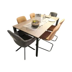 Nobilia Essgruppen|Essgruppe 434017 Sessel Stoff 746 Storm Grey Grau Stuhl Stoff 749 Cognac Braun Tisch Eiche Havanna Nachbildung Füße Schwarz
