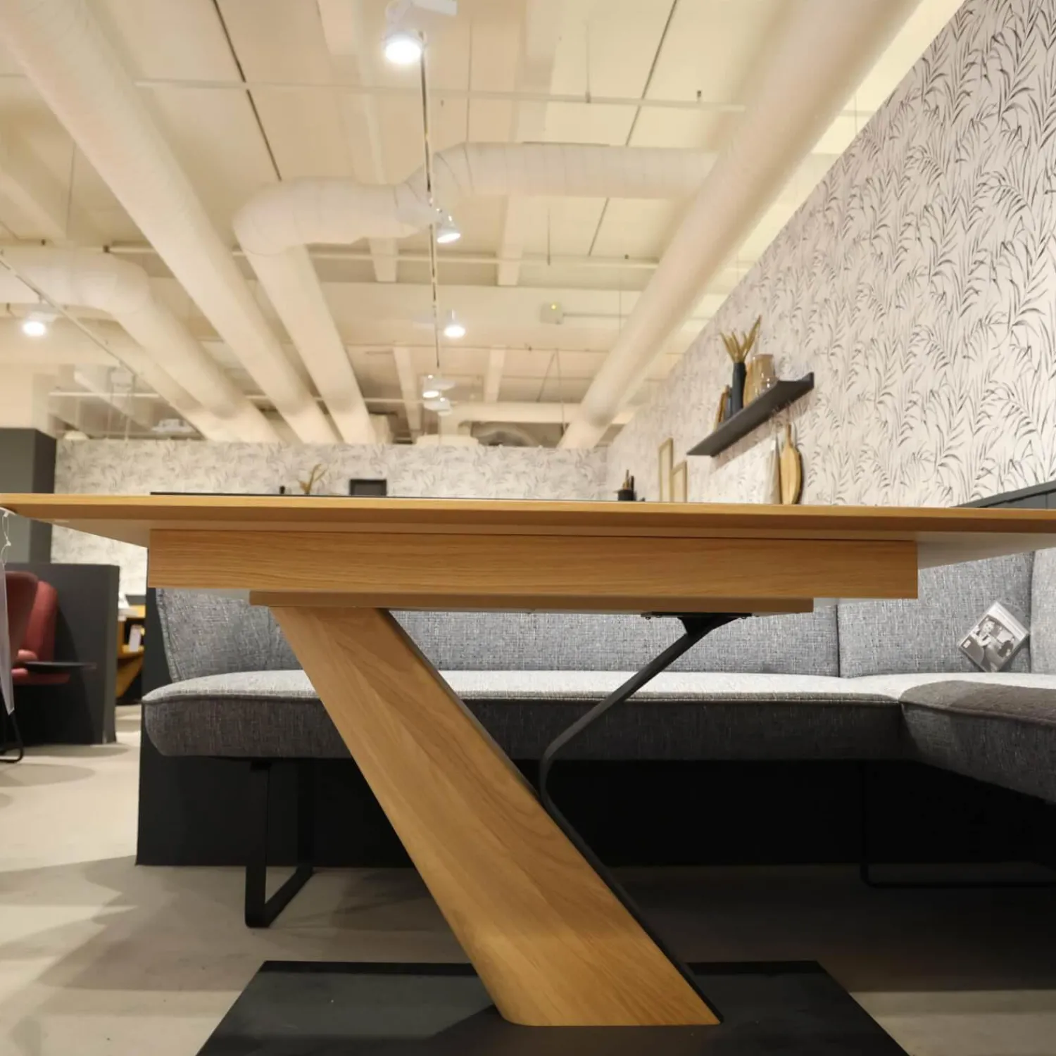 K+W Essgruppen|Essgruppe 5503 Tischplatte Asteiche Bianco Furniert Stoff Niagara Blue Blau