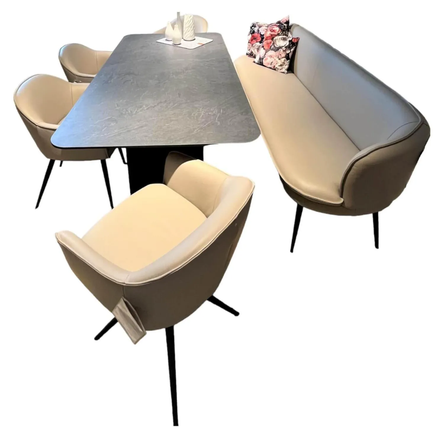 Global Essgruppen|Essgruppe Calvia Bezug Leder Bronco 85 Light Grey Grau Gestell Metall Schwarz Strukturiert Ohne Tisch