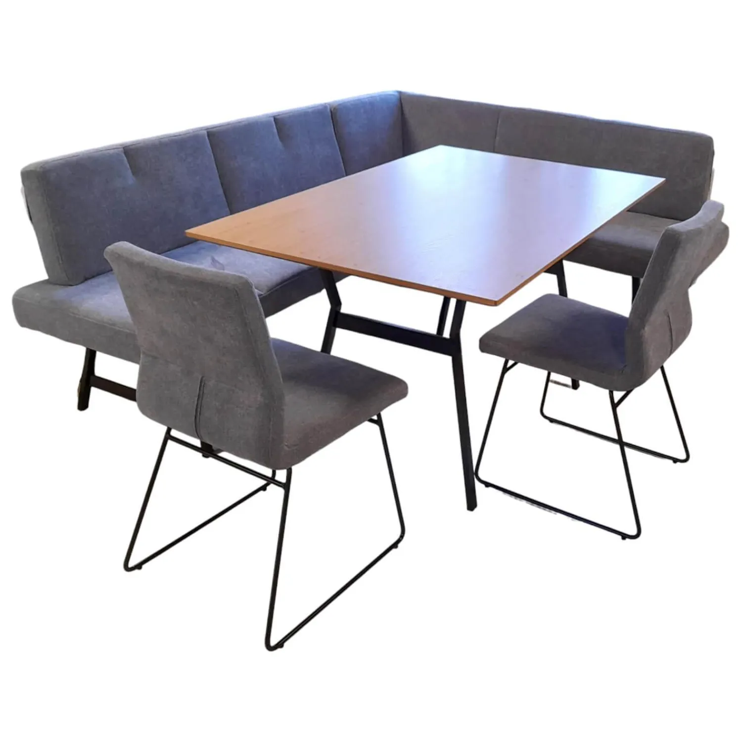 Schösswender Essgruppen|Essgruppe Esstisch Eiche Furniert Tischbeine Schwarz Esszimmerbank 1 Stuhl Arizona Stoff Blaugrau