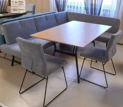 Schösswender Essgruppen|Essgruppe Esstisch Eiche Furniert Tischbeine Schwarz Esszimmerbank 1 Stuhl Arizona Stoff Blaugrau