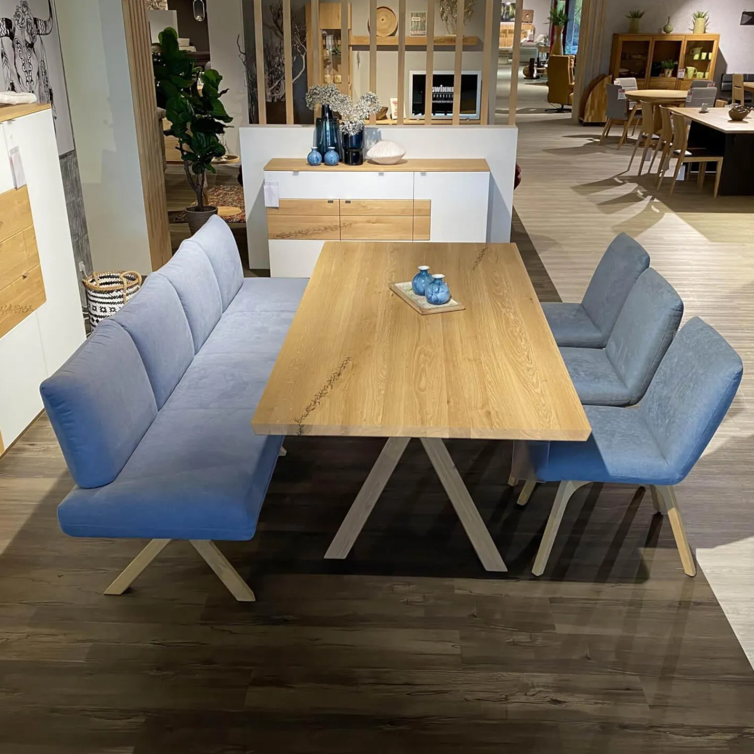 Wimmer Essgruppen|Essgruppe Signatura In Rustikal Asteiche Bianco Polsterbezug Grau Blau Mit 3 Stühlen Milo