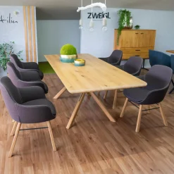 Wimmer Essgruppen|Essgruppe Z42 Kreuztisch Rustikale Asteiche Hartwachsöl Bianco Äste Kreuzgstell Holz Metall RAL7021 Schwarzgrau Mit 6 ZS110 Stühlen