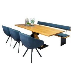 Wimmer Essgruppen|Essgruppe Z34 Säulentisch Rustikale Asteiche Hartwachsöll Natur Äste Säulengestelll Holz Metal RAL7021 Schwarzgrau Mit Einzelbank Und 3 Schalenstühlen Ohne Deko