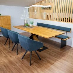 Wimmer Essgruppen|Essgruppe Z34 Säulentisch Rustikale Asteiche Hartwachsöll Natur Äste Säulengestelll Holz Metal RAL7021 Schwarzgrau Mit Einzelbank Und 3 Schalenstühlen Ohne Deko