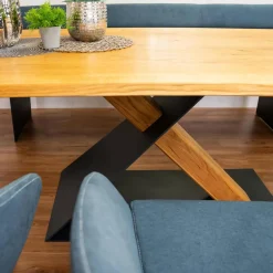 Wimmer Essgruppen|Essgruppe Z34 Säulentisch Rustikale Asteiche Hartwachsöll Natur Äste Säulengestelll Holz Metal RAL7021 Schwarzgrau Mit Einzelbank Und 3 Schalenstühlen Ohne Deko