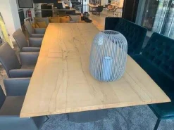 Scholtissek Esstische|Esstisch 110-2 Bergahorn Massiv mit Baumkante Gewölbte Wangen mit Edelstahl