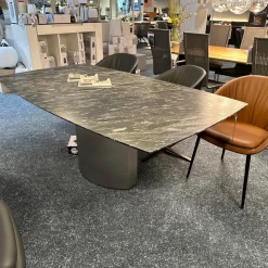 Draenert Esstische|Esstisch Adler 1224 Platte Gneis Silver Paradiso Grau Geledert Sockel Edelstahl Matt Geschliffen Ohne Rollen