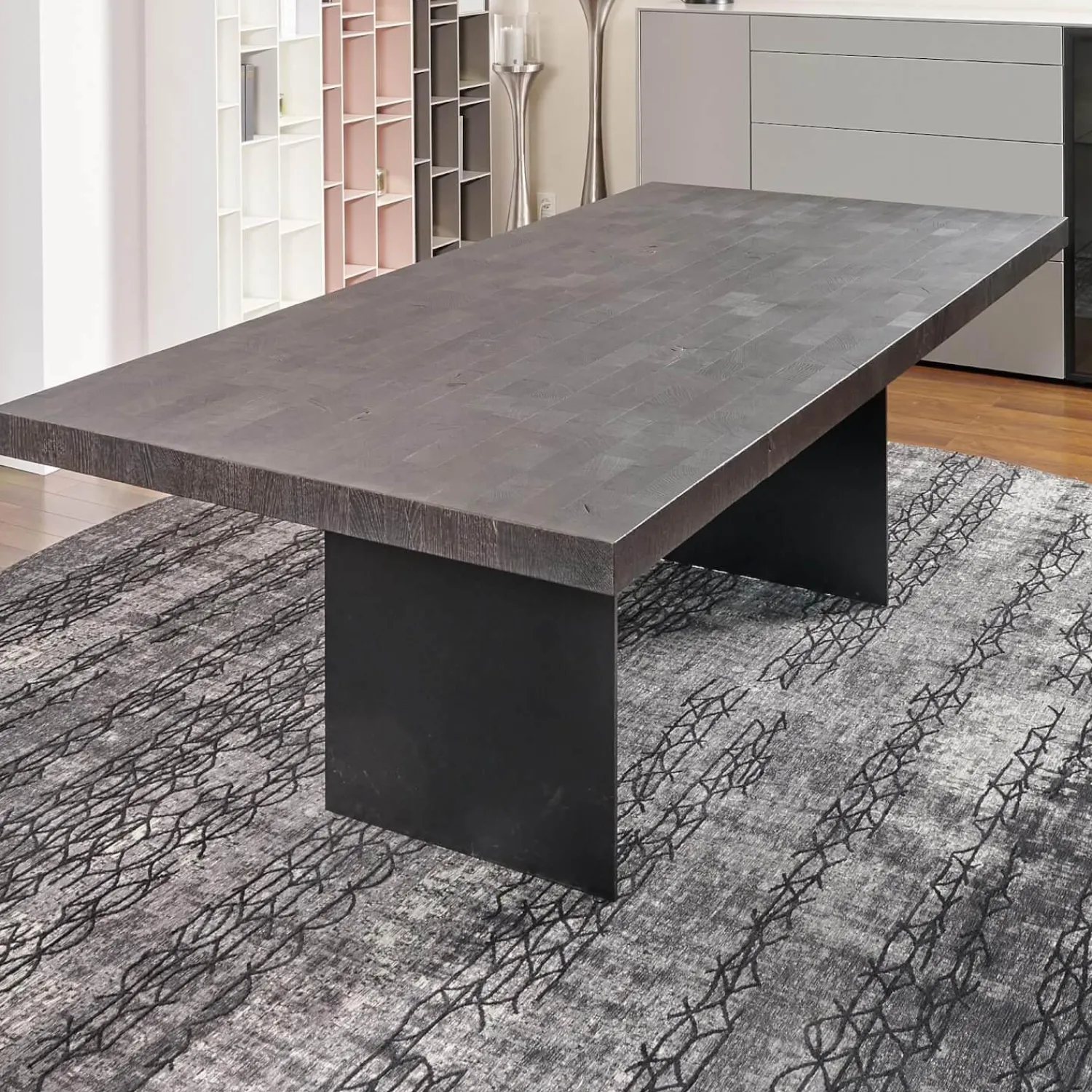 ASCO Esstische|Esstisch Duo Brandeiche Schwarz Strukturiert Und Gebürstet Geölte HolzausführungHirnholzblöcke Schwarz Füße Stahl Pulverbeschichtet Schwarz