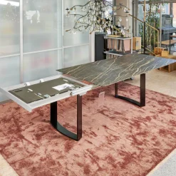 Bacher Esstische|Esstisch Mirado 6171 Platte Keramik Rock Braun Gold Untergestell Kufe Lack Tiefschwarz Mit Klappeinlage