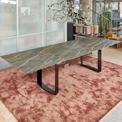 Bacher Esstische|Esstisch Mirado 6171 Platte Keramik Rock Braun Gold Untergestell Kufe Lack Tiefschwarz Mit Klappeinlage