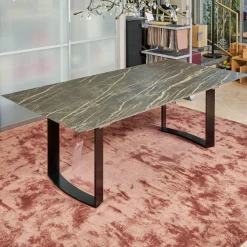 Bacher Esstische|Esstisch Mirado 6171 Platte Keramik Rock Braun Gold Untergestell Kufe Lack Tiefschwarz Mit Klappeinlage