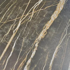 Bacher Esstische|Esstisch Mirado 6171 Platte Keramik Rock Braun Gold Untergestell Kufe Lack Tiefschwarz Mit Klappeinlage