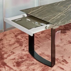 Bacher Esstische|Esstisch Mirado 6171 Platte Keramik Rock Braun Gold Untergestell Kufe Lack Tiefschwarz Mit Klappeinlage