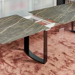 Bacher Esstische|Esstisch Mirado 6171 Platte Keramik Rock Braun Gold Untergestell Kufe Lack Tiefschwarz Mit Klappeinlage