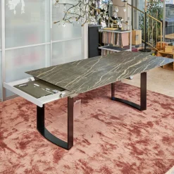 Bacher Esstische|Esstisch Mirado 6171 Platte Keramik Rock Braun Gold Untergestell Kufe Lack Tiefschwarz Mit Klappeinlage