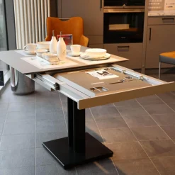 Bacher Esstische|Esstisch Picco Platte Fenix NTM Grigio londra Grau Trägerplatte Lack Matt Grau Säule L70 Matt Tiefschwarz Schwarz Ohne Deko