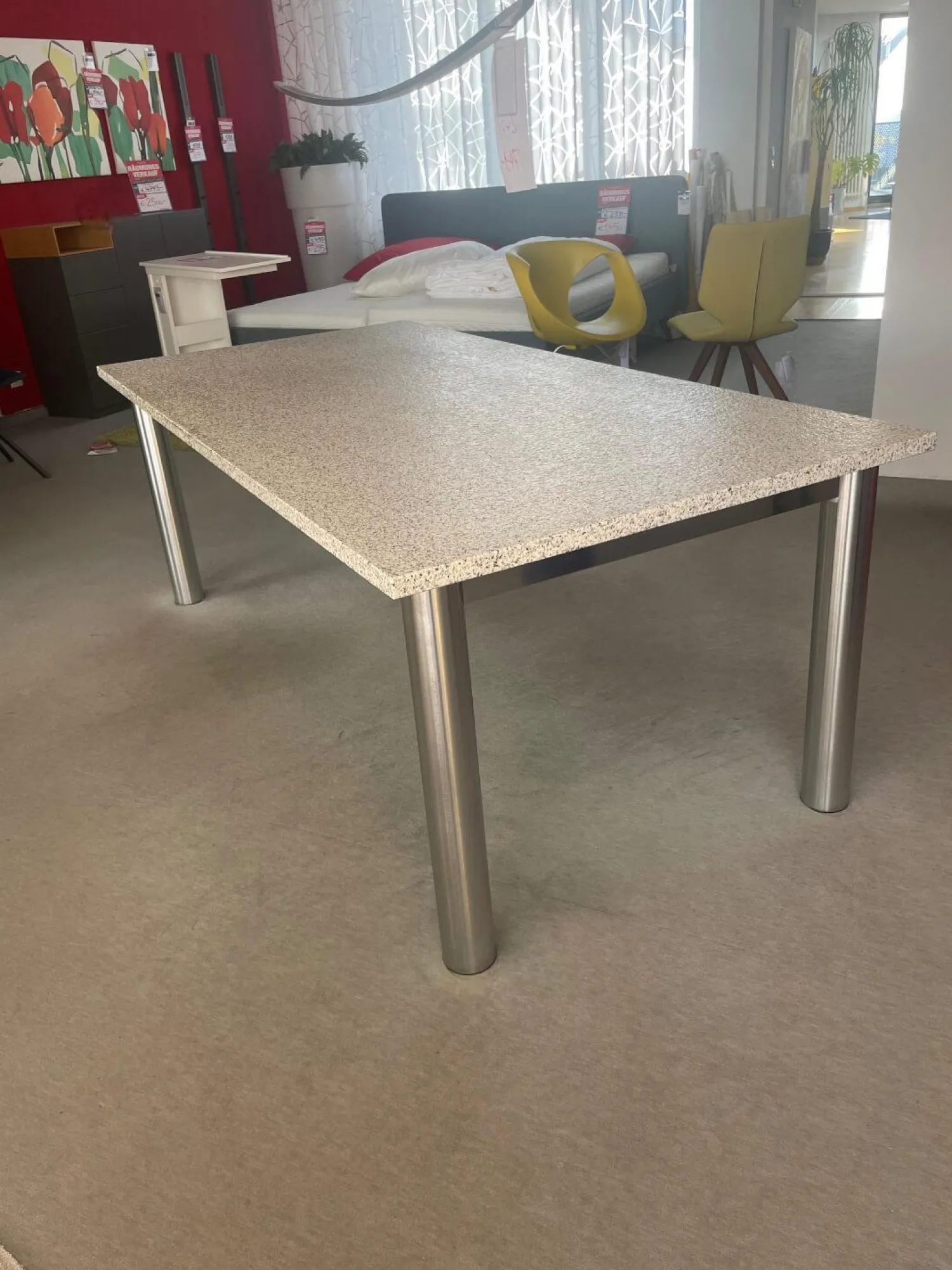 Bacher Esstische|Esstisch Platte Granit Bianco Kristall Grau Gestell Edelstahlrohr