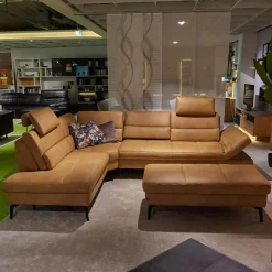 Hukla Polstergruppen|Funktionseckgarnitur 4057 IL Leder Vivre Honey VZ Metallfuß Schwarz Mit Hocker