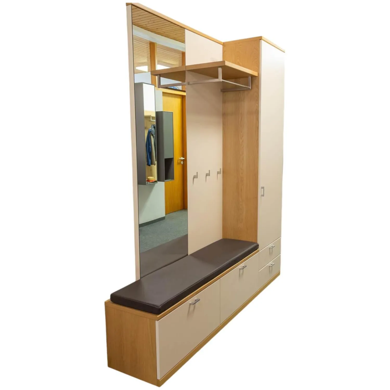 Musterring Garderoben|Garderobe Kira Eiche Sand Lack Crema Creme Leder 1 Hermes Bruin Schwarz Grau Griffe Metall