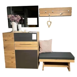 Voglauer Garderoben|Garderobe V-Organo Wildeiche Rustico Schwarz Akzent Eisen Bezug Sitzbank Leder Anthrazit Grau