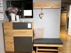Voglauer Garderoben|Garderobe V-Organo Wildeiche Rustico Schwarz Akzent Eisen Bezug Sitzbank Leder Anthrazit Grau