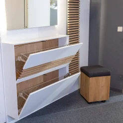 Schöner Wohnen-Kollektion Garderoben|Garderobe Yonna Lack Weiß Holzlamellen Natur Gebürstet Stoff 97 Anthrazit Mit Beleuchtung