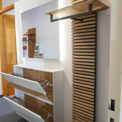 Schöner Wohnen-Kollektion Garderoben|Garderobe Yonna Lack Weiß Holzlamellen Natur Gebürstet Stoff 97 Anthrazit Mit Beleuchtung