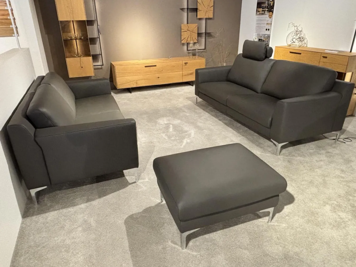 DFM Polstergruppen|Garnitur Casablanca Leder W2 Anthrazit Füße Chrom 2 Sofas 1 Hocker