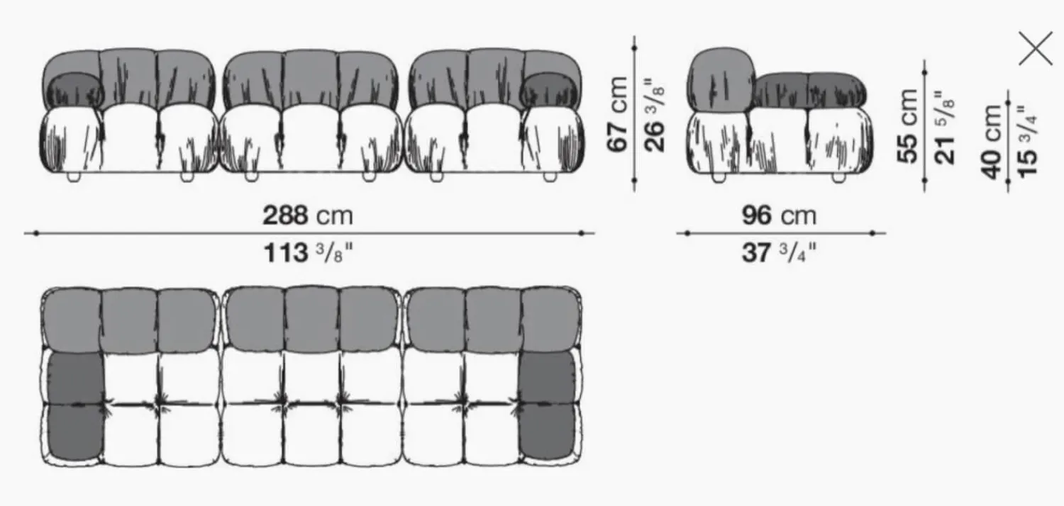 B&B Italia 2-Sitzer-Sofas|Gerades Sofa Camaleonda Stoff Velours Licata Flechte Grün Untergestell MDF Füße Buche Natur