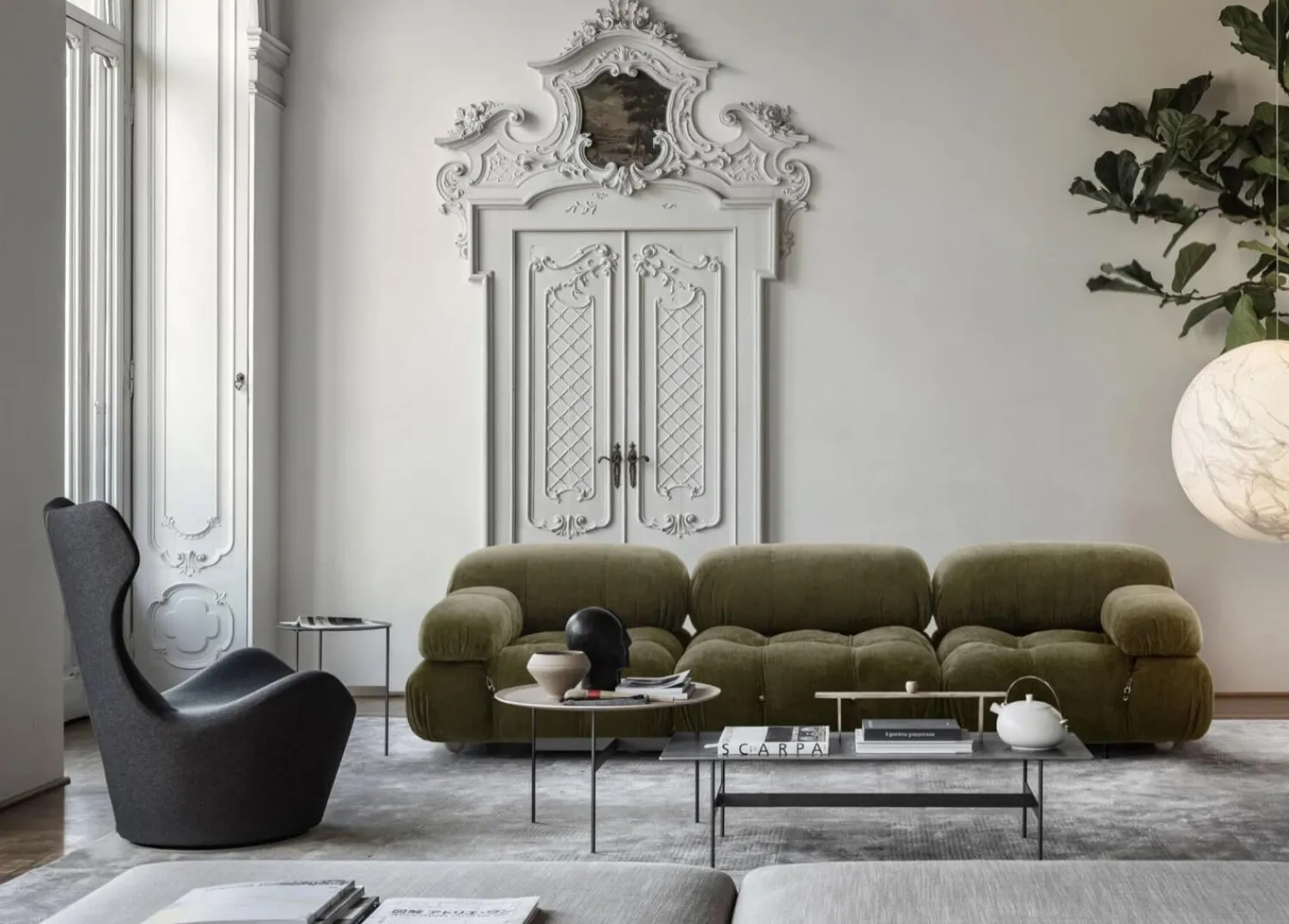 B&B Italia 2-Sitzer-Sofas|Gerades Sofa Camaleonda Stoff Velours Licata Flechte Grün Untergestell MDF Füße Buche Natur