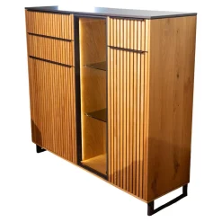 Raum.Freunde Vitrinen & Highboards|Highboard CRF Stav Asteiche Hell Massiv Geölt Metallkufen Alugriffleisten Schieferschwarz Mit Beleuchtung