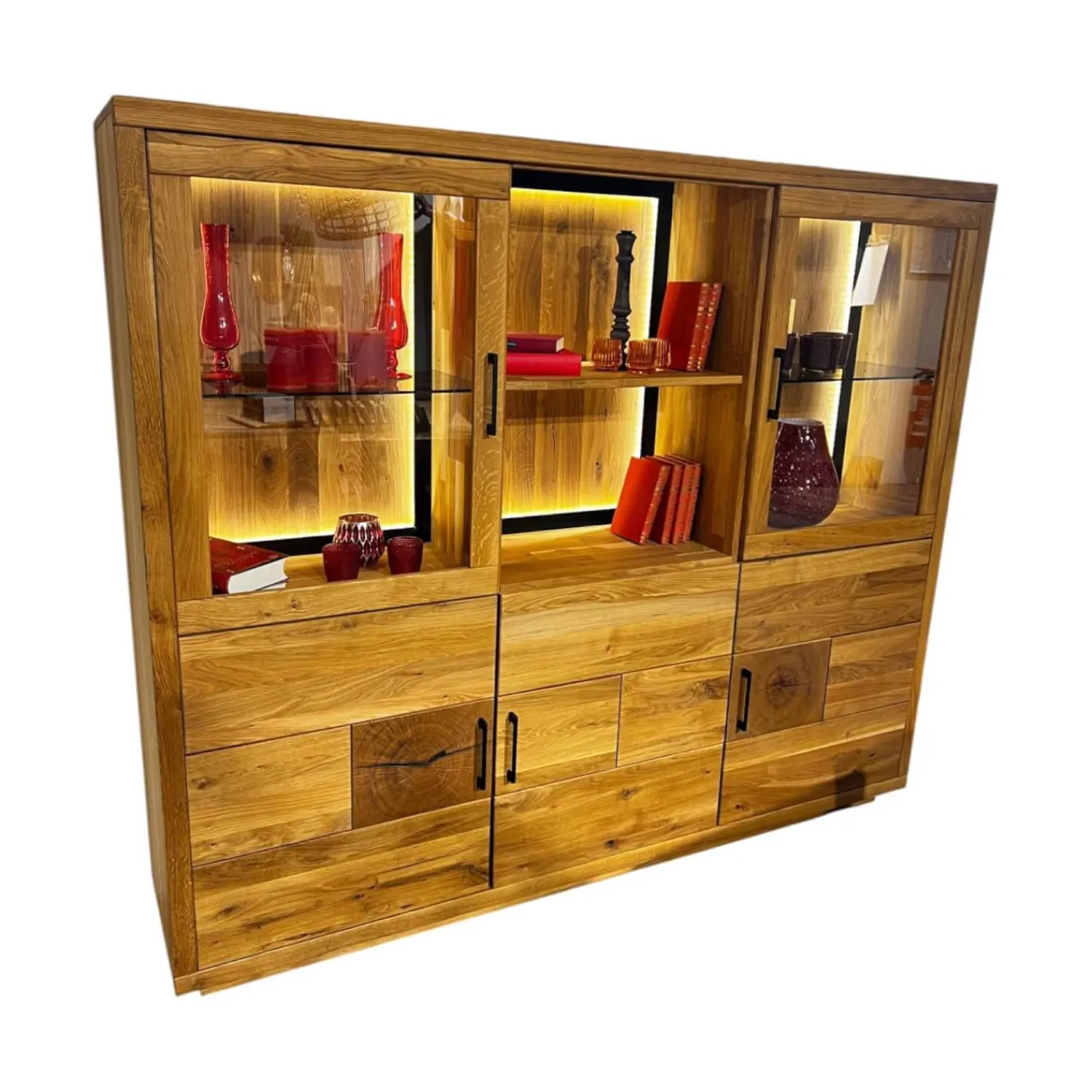 Natura Vitrinen & Highboards|Highboard Hartford Eiche Natur Geölt Rückwand Massiv Sandgestrahlt Inklusive Beleuchtung