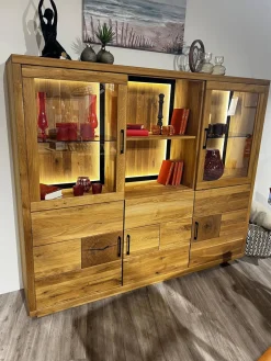 Natura Vitrinen & Highboards|Highboard Hartford Eiche Natur Geölt Rückwand Massiv Sandgestrahlt Inklusive Beleuchtung