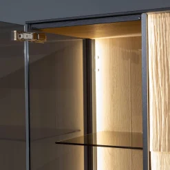 Hartmann Vitrinen & Highboards|Highboard Kilva Kernesche Gebürstet Anthrazit Gebeizt Spaltholz Applikation Inklusive Beleuchtung