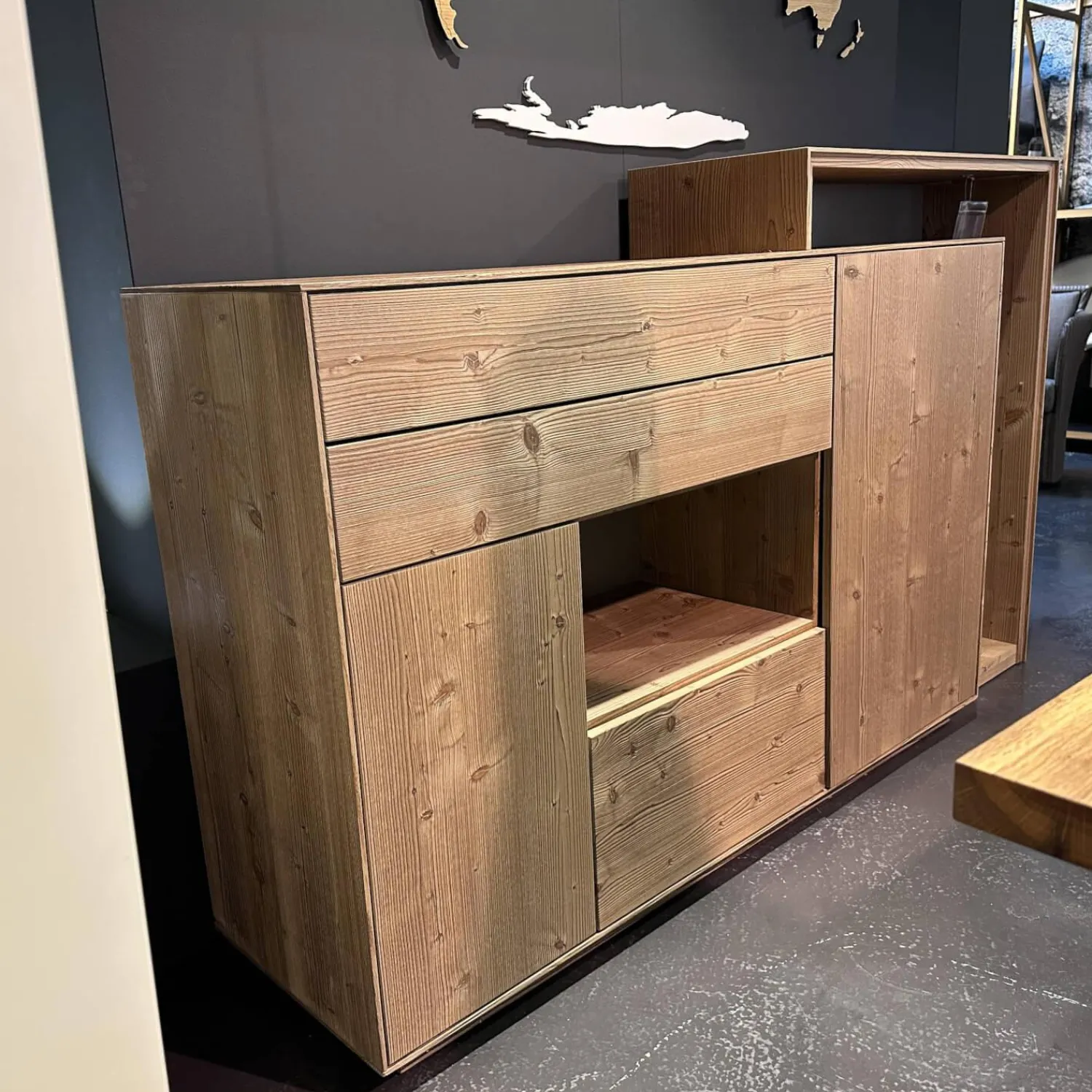 Anrei Vitrinen & Highboards|Highboard Mit Passepartout Bergfichte Gebürstet Rückwand Steingrau
