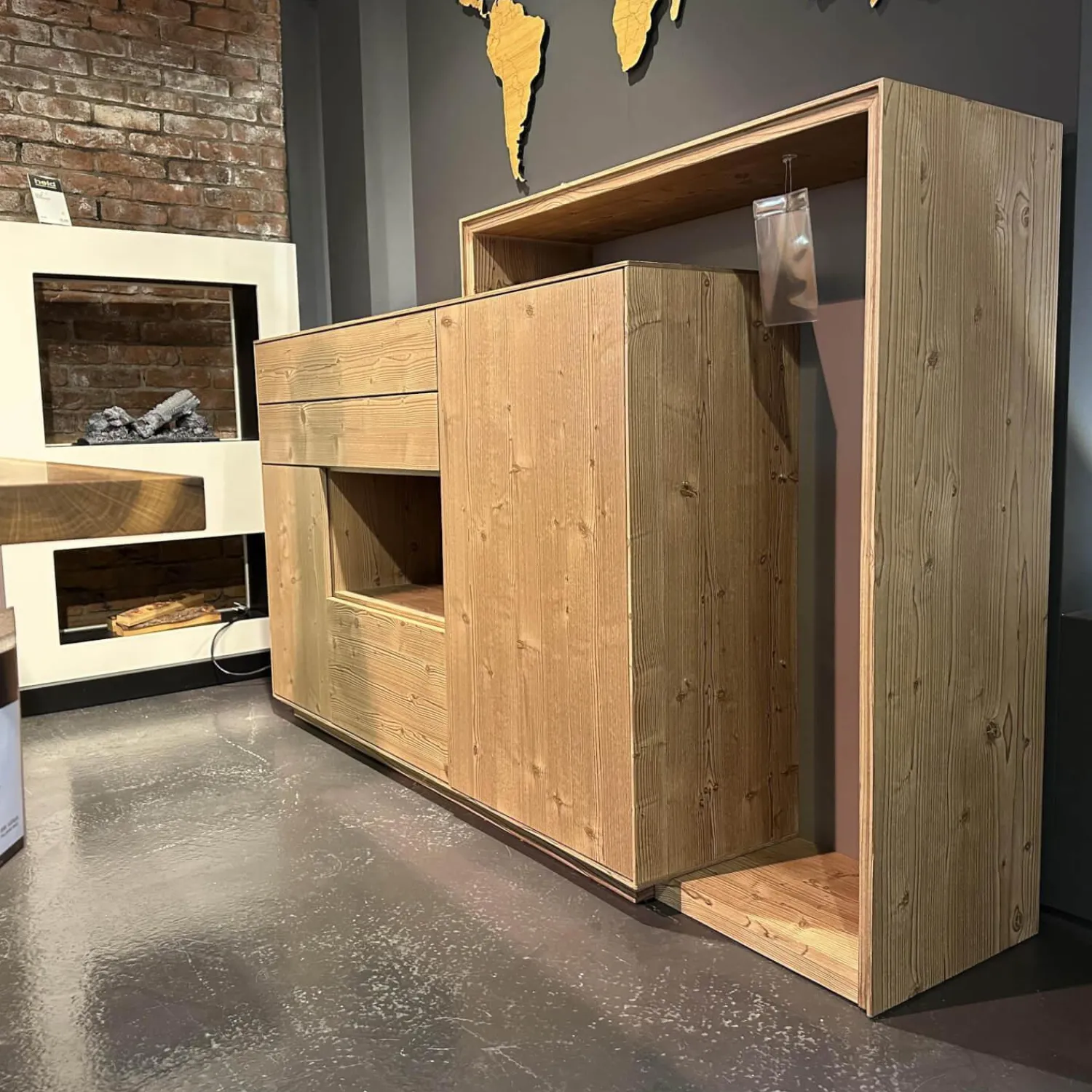 Anrei Vitrinen & Highboards|Highboard Mit Passepartout Bergfichte Gebürstet Rückwand Steingrau