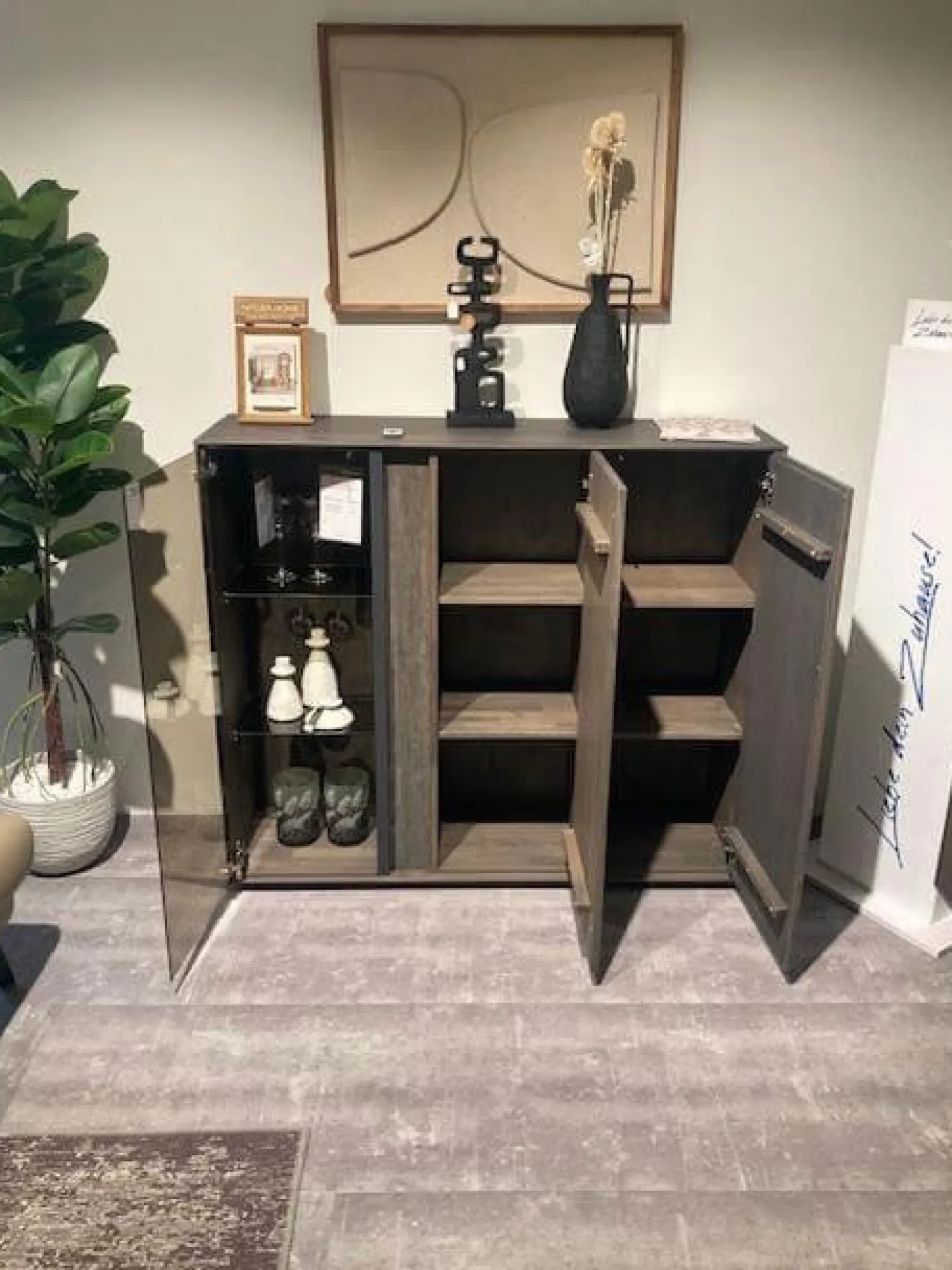 Natura Vitrinen & Highboards|Highboard Saratoga Buche Massiv Geölt Silbergrau Grau Braun Inklusive Beleuchtung