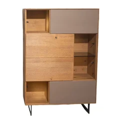 Anrei Vitrinen & Highboards|Highboard Set Puro Syle 460 Asteiche Gebürstet Barrique Geölt Farbglas Steingrau Sockel Metallrahmen Schwarz Inklusive LED Beleuchtung Ohne Links Highboard