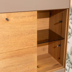 Anrei Vitrinen & Highboards|Highboard Set Puro Syle 460 Asteiche Gebürstet Barrique Geölt Farbglas Steingrau Sockel Metallrahmen Schwarz Inklusive LED Beleuchtung Ohne Links Highboard