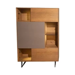 Anrei Vitrinen & Highboards|Highboard Set Puro Syle 461 Barrique Geölt Asteiche Gebürstet Farbglas Steingrau Sockel Metallrahmen Schwarz Inklusive LED Beleuchtung Ohne Rechtes Highboard