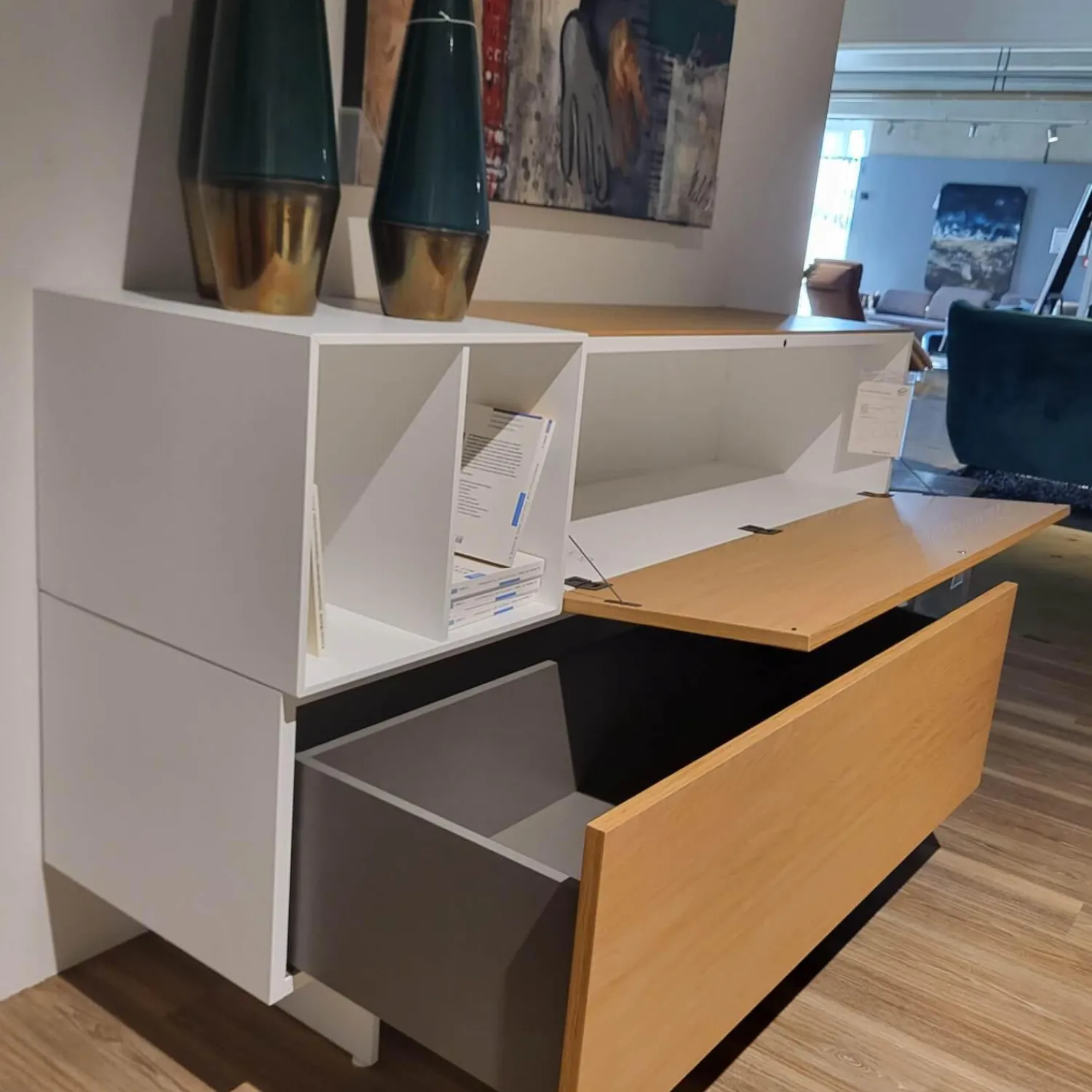 Caccaro Vitrinen & Highboards|Highboard Wallover Eiche Echtholz Lack Matt Nero Stout Untergestell Metall