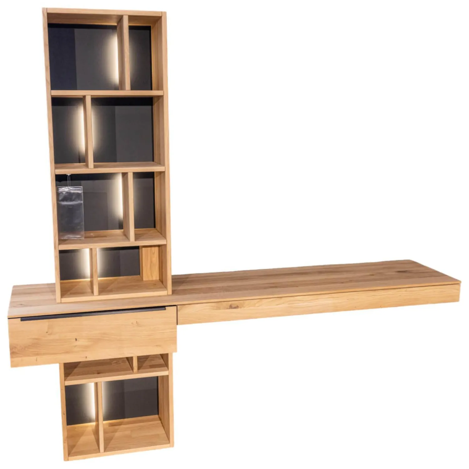 WK Wohnen Wohnwände & Tv-Lowboards|Homeoffice Regal WK 490 Baristo Asteiche Bianco Glas Anthrazit Mit Fächern Und Schubladen Inklusive LED Beleuchtung